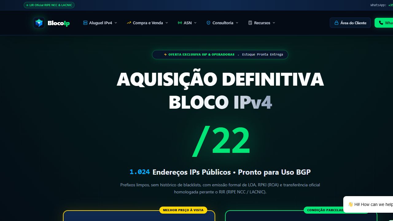 Página pública da BlocoIP; condições atuais disponíveis na plataforma